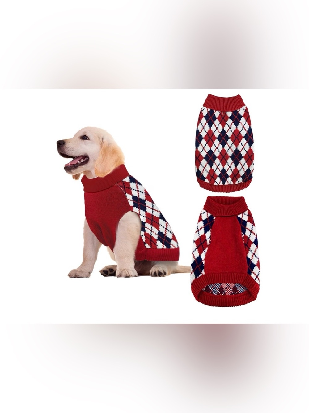 Dog Turtleneck Sweater Classic Winter Plaid Outfit Red, Green & White